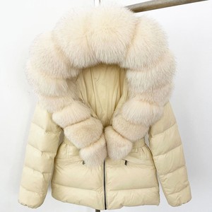 Áo khoác ngắn màu kaki dành cho nữ cỡ lớn lông tơ thật Fox <span class=keywords><strong>Fur</strong></span> Hood Trim mùa đông ấm áp Áo khoác phao có dây rút eo - Product Image 2