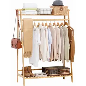 Good Price Bamboo Coat Clothes Hanging Heavy Duty Rack with top Shelf and Shoe Clothing Storage Organizer Shelves