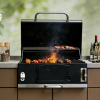 Îlot de cuisine BBQ extérieur moderne en acier inoxydable écologique et ignifuge avec armoires de rangement, évier, crédence et robinet