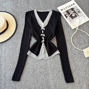 Cardigan en tricot à col carré et manches longues avec empiècements en dentelle, nouvelle version coréenne décontractée pour femme, printemps - Product Image 1