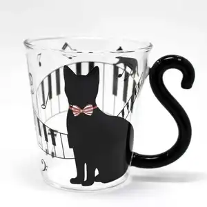 Taza de té con estampado divertido personalizado para niños, taza de café de vidrio con forma de gato negro, Animal bonito, rosa, 3D, con mango, venta al por mayor