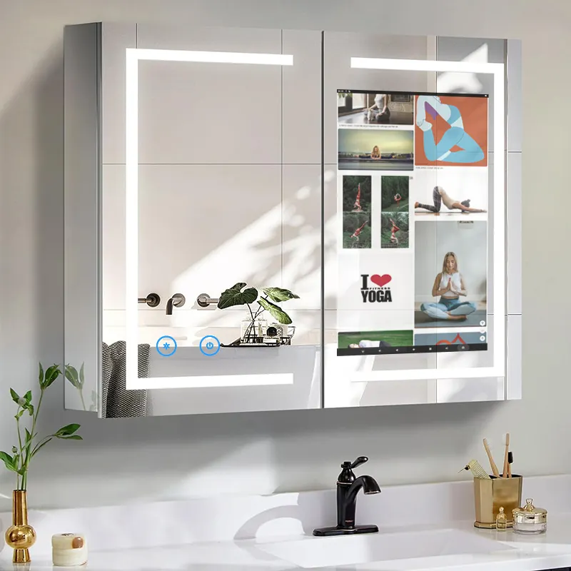 Lavabo pequeño, gabinetes de espejo de baño, gabinetes de tocador de baño MDF de diseño moderno con espejo, vidrio de TV