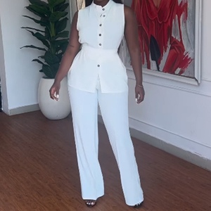 Women's Stand-up Collar Button-up Sleeveless Waist-tie <b>Top</b> Wide-leg Pants 2-piece Set Fashion - Product Image 4