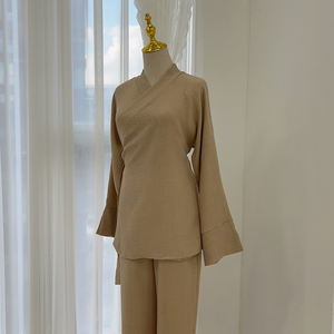 Loriya kadın moda iki parçalı Set ile korse Kimono bluz elastik bel İpli pantolon kadınlar mütevazı Abaya seti - Product Image 4