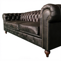 Canapé Chesterfield vintage en cuir véritable noir 3 places, canapé de luxe européen avec pieds en bois pour le salon