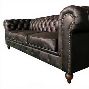 Sofá Chesterfield Vintage de Cuero Genuino Negro de 3 Plazas, Sofá Europeo de Lujo con Patas de Madera para Muebles de Sala de Estar - Product Image 5