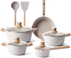 11Pcs die cast beige marble stone non stick frying pans and saucepan sets with cooking spatula and spoon