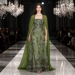 Abito da sera a colonna senza spalline verde oliva personalizzato con ricami floreali 3D e perline, mantella rimovibile in chiffon, abito formale - Product Image 1