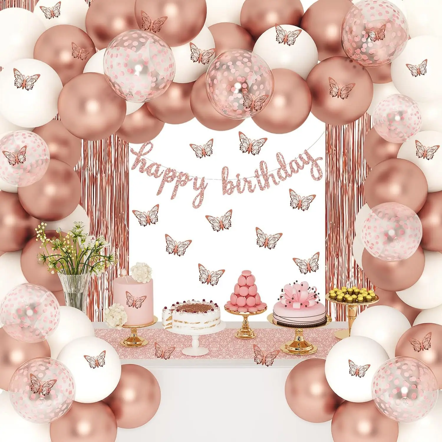 Roségouden Gelukkige Verjaardag Ballonnen Set Glitter Gelukkige Verjaardag Banner Folie Gordijn Achtergrond Voor Roségouden Feestdecoraties Kit