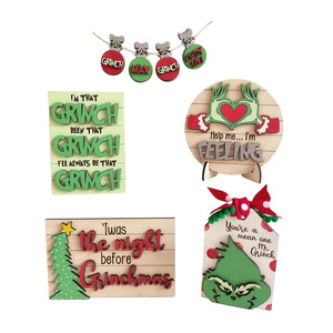<b>Grinch</b> Tray <b>Ornament</b> Wooden Christmas Decorations Cartoon Style Handicraft Pine Material Rectangle Shape - Product Image 1