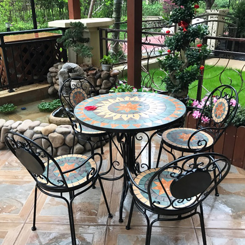 Vintage Bohemian Furniture Metal Balcony Patio Garden Round Mosaic Table And 4 Chairs Set