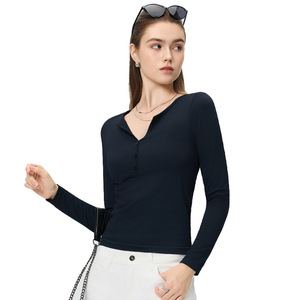 Women's Long Sleeve Henley T-Shirt Black Solid Color Slim Fit Yoga Fitness Top <b>Base</b> <b>Layer</b> - Product Image 3