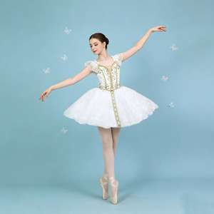 Costume de danse de scène pour enfants de haute qualité et bon marché, motifs blancs dorés, tenue de fête, <span class=keywords><strong>tutu</strong></span> de ballet professionnel - Product Image 2