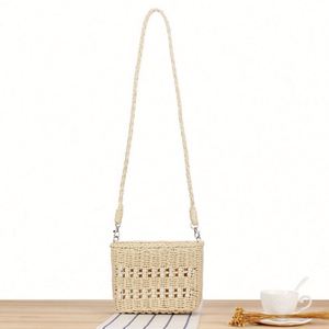 Sac fourre-tout carré en paille fait main avec perles, à bandoulière, pour femme, idéal pour l'été, la plage et les vacances - Product Image 1