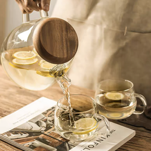 <strong>2L</strong> Customize Clear Glass Pitcher With Wooden Lid Borosilicate Cold Hot Water Glass Water <strong>Jug</strong> Pitcher With Handle - Product Image 4