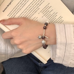 S925 Sterling Silver Garnet Smiley Face Bell <b>Bracelet</b> Elastic <b>Rope</b> Unisex Jewelry Gift - Product Image 4