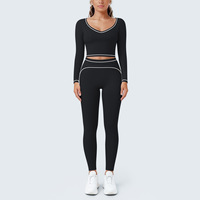 Conjunto de Yoga para Mujer, con Ribete en Contraste, Manga Larga, Leggings de Cintura Alta con Efecto Levanta Glúteos, 2 Piezas, Ropa Deportiva para Gimnasio