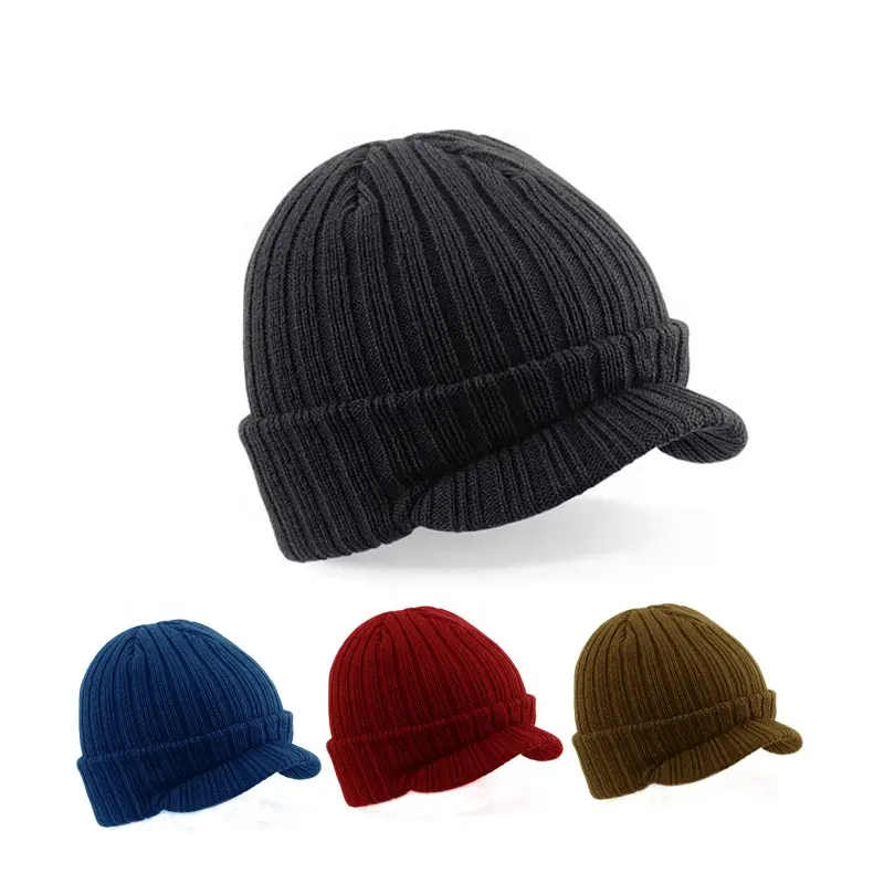 Sombrero con puños acrílicos Unisex, gorro tejido grueso de invierno con ala