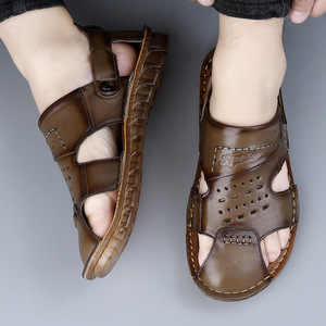 Men's Summer Flat <b>Sandals</b> Top Grain Cowhide <b>Closed</b> <b>Toe</b> Breathable Non Slip Soft Rubber Sole Khaki Brown Slip On Adult - Product Image 4