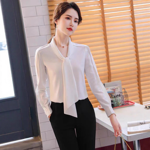 Women's Long Sleeve Shirt Red Solid Color <b>Wrap</b> Tie Office Blouse Polyester Spring Autumn Fashion Top - Product Image 2