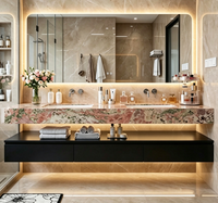 Meuble de salle de bain moderne de luxe à double vasque, noir, mural, avec comptoir en marbre et éclairage LED pour villa