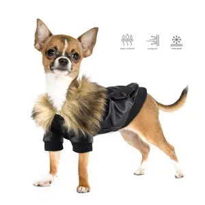 Chaqueta de cuero para mascotas, ropa de invierno para perros con cuello de piel, abrigo para cachorros, ropa para mascotas pequeñas