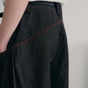 Custom Logo <b>Women</b> Raw Selvedge Wide Leg Cropped Denim Shorts High Rise <b>Red</b> Topstitch Oversized Baggy Knee Length Bermuda <b>Jeans</b> - Product Image 5