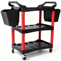 Chariot à outils pliable à 3 niveaux en plastique PP recyclé avec trous pour bouteilles, 2 bacs suspendus, chariot roulant mobile pour le detailing automobile, garage, atelier