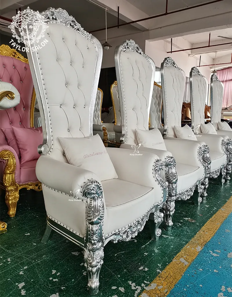 Sillas de hotel de lujo para salón de belleza, asiento de metal con respaldo alto dorado