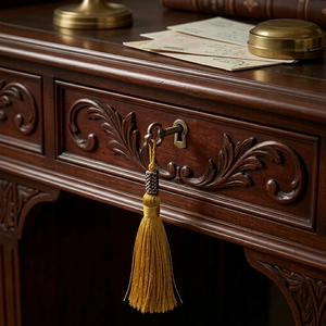 Bureau en bois traditionnel avec détails sculptés et porte-clés à pompon doré pour la décoration de la salle d'étude - Product Image 1