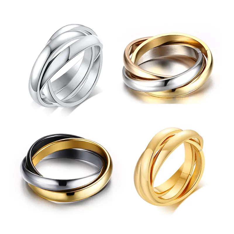 Индивидуальное простое дизайнерское многоцветное кольцо из нержавеющей стали 18K позолоченное тройное кольцо для женщин и мужчин модные ювелирные изделия R-054