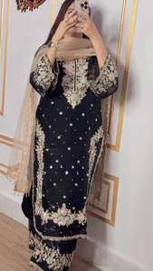 Designer Party Wear Chinon <b>Silk</b> Top Palazzo Dupatta Set with Heavy Embroidery Sequence Work Diamond Moti Hand Work - Product Image 3