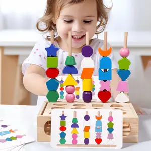 Multi-functional Montessori Toys Wooden Blocks Geometry Cognition Shape Matching Toy Bead Sequencing Game Building Block Sets