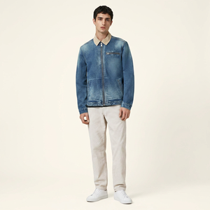 High Quality <b>Men's</b> Stand Collar Front Denim Jean <b>Jacket</b> <b>Long</b> Sleeve Windproof Zip Pockets Washed Blue Casual - Product Image 1