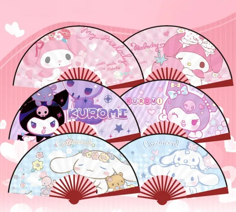 Botu Kawaii Sanrioed Abanico plegable Kuromi Accesorios Belleza Linda Dibujos animados Anime Tela de seda 8 pulgadas Abanico de bambú Nuevo estilo Juguetes Niñas