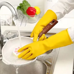قفازات مطبخ متينة طويلة الأكمام مبطنة بالقطن لغسيل الأطباق بدون مسحوق نتريل قفازات تنظيف مطاطية منزلية