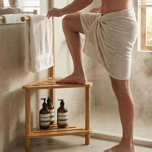 Bamboo <b>bathroom</b> shower <b>stool</b> with towel rack, <b>bathroom</b> footstool, solid wood <b>bathroom</b> storage shelf, shower <b>stool</b> for the - Product Image 2