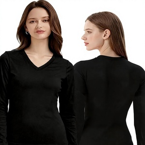 Women V Neck Long Sleeve T Shirt Slim Fit Casual Black 100% Polyester/Spandex/Cotton Knitted Breathable Heat Transfer Printing - Product Image 3