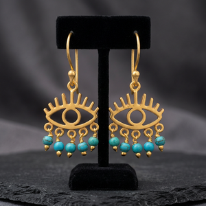 Boucles d'oreilles pendantes œil en pierre de turquoise, plaqué or, faites à la main, en argent sterling .925, style tendance, cadeau de mariage, Casa De - Product Image 2