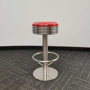 كرسي بار دائري أحمر من الجلد والمعدن على الطراز الأمريكي، أثاث تجاري عتيق - Product Image 3