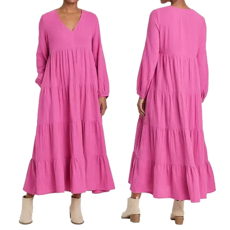 थोक महिलाओं बिशप लंबी आस्तीन झोंके स्तरीय सुरुचिपूर्ण प्लस आकार कपास मैक्सी पोशाक 2022
