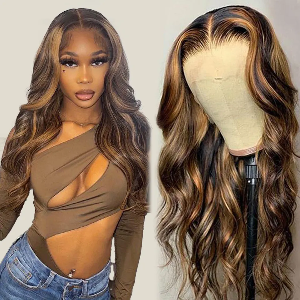 Brazilian Virgin Cuticle Aligned Hair Body Wave Per-Plucked Ombre Highlight 180% Transparent HD Lace Closure 13x6 Lace Wigs