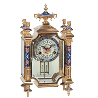 Horloge à pendule de cheminée à mécanisme apparent en laiton plaqué or 24 carats, cadran en porcelaine cloisonné émaillé fait main, avec quatre verres et mécanisme visible