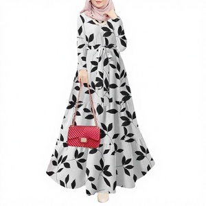Wholesale Empire Waist Long Sleeve Plus Size Women Muslim <b>Islamic</b> Clothing Maxi Abaya Dress with Pleat Digital <b>Print</b> - Product Image 3