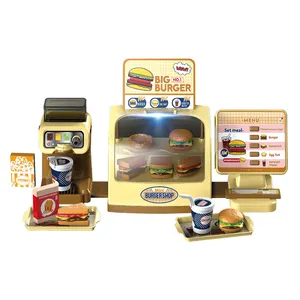 Mini verificador em caixa de brinquedo, conjunto de registrador de brinquedos de simulação hambúrguer loja brinquedo 25 peças hc511154