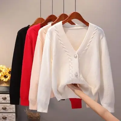 2024 New Fashion Women Girls White Spring Autumn Sweater Cardigan Jacket Long Sleeve V-neck Button Casual Tops Knitwear Sweater