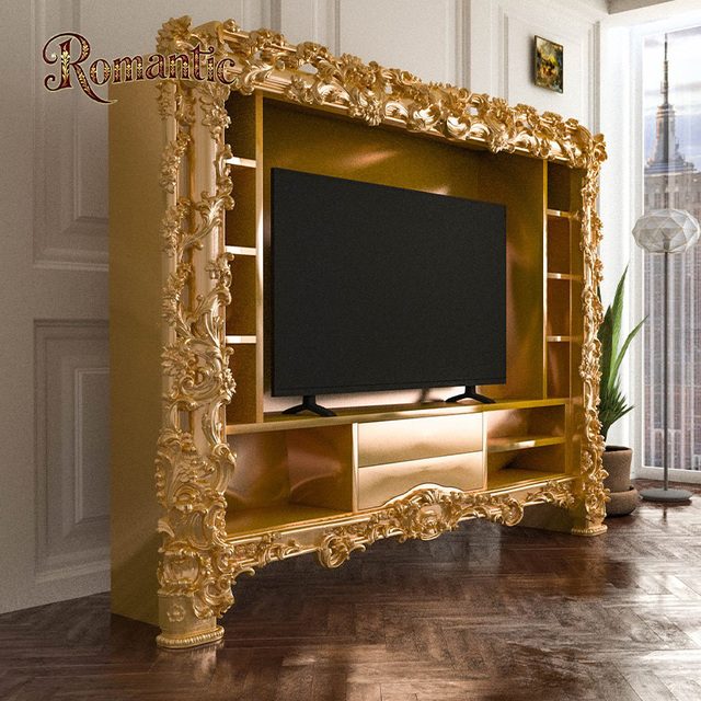 Wholesale French Luxury Baroque Solid Wood TV Unit with Storage and Gold Leaf Decoration for Living Room