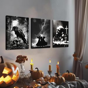 Set de 3 Cuadros Decorativos de Calavera de Cuervo y Bruja en Blanco y Negro, Arte Gótico Oscuro y Espeluznante, Lienzo Enmarcado, Decoración de Halloween para Dormitorio y Hogar - Product Image 1