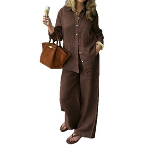 <b>Linen</b> Two-Piece <b>Set</b> Collared Long Sleeve Shirt And Straight Leg Wide Leg Pants Navy Blue Casual Urban Commute Suit Smlxl2xl3xl - Product Image 5
