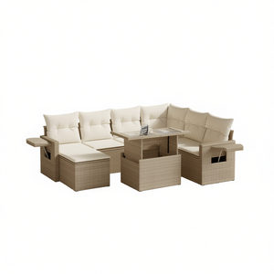 Ensemble de canapés de jardin en polyrotin beige avec accoudoirs réglables, 6 places, mobilier d'extérieur, design contemporain - Product Image 1